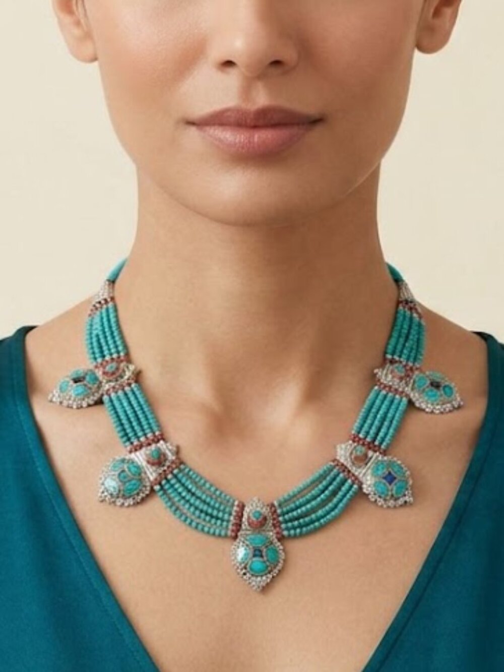 Turquoise and Silver-tone Beaded Necklace